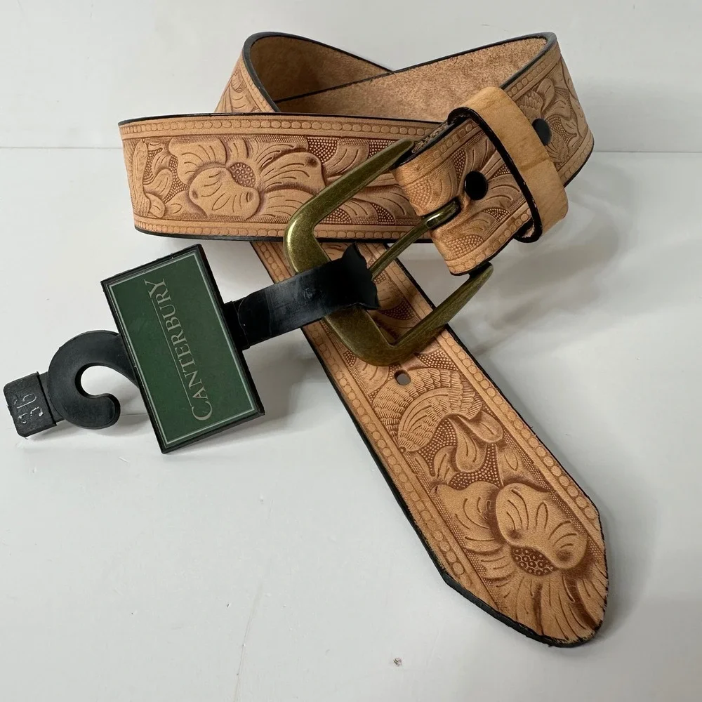 Canterbury Tooled Leather Belt Tan Floral Full Grain Cowhide USA Made Mens 36